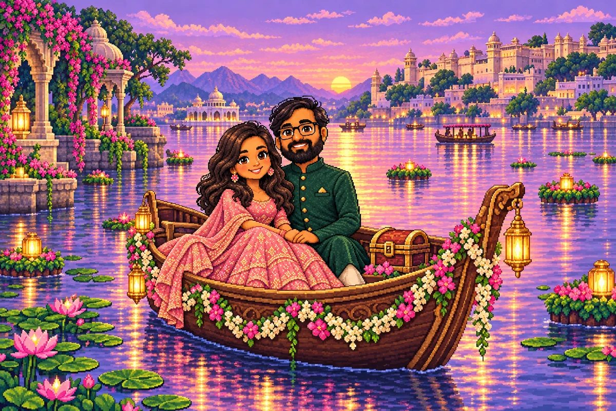 An illustrated scene with Ashama and Anshul — A sunset on the lake