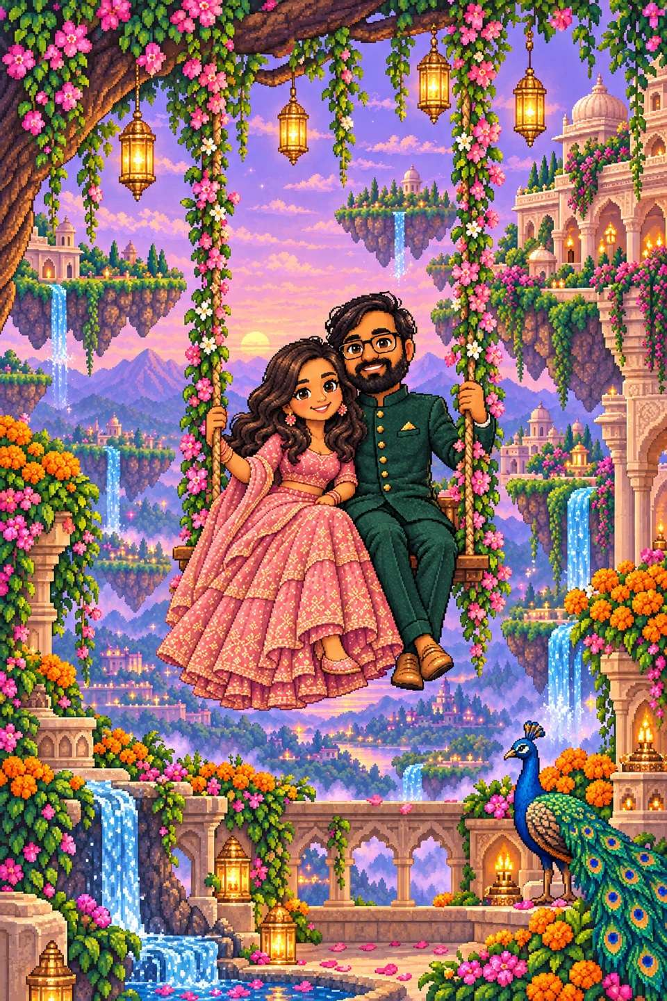 An illustrated scene with Ashama and Anshul — The palace garden