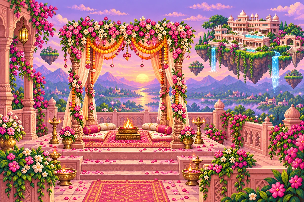 A flower-covered wedding mandap on a palace terrace