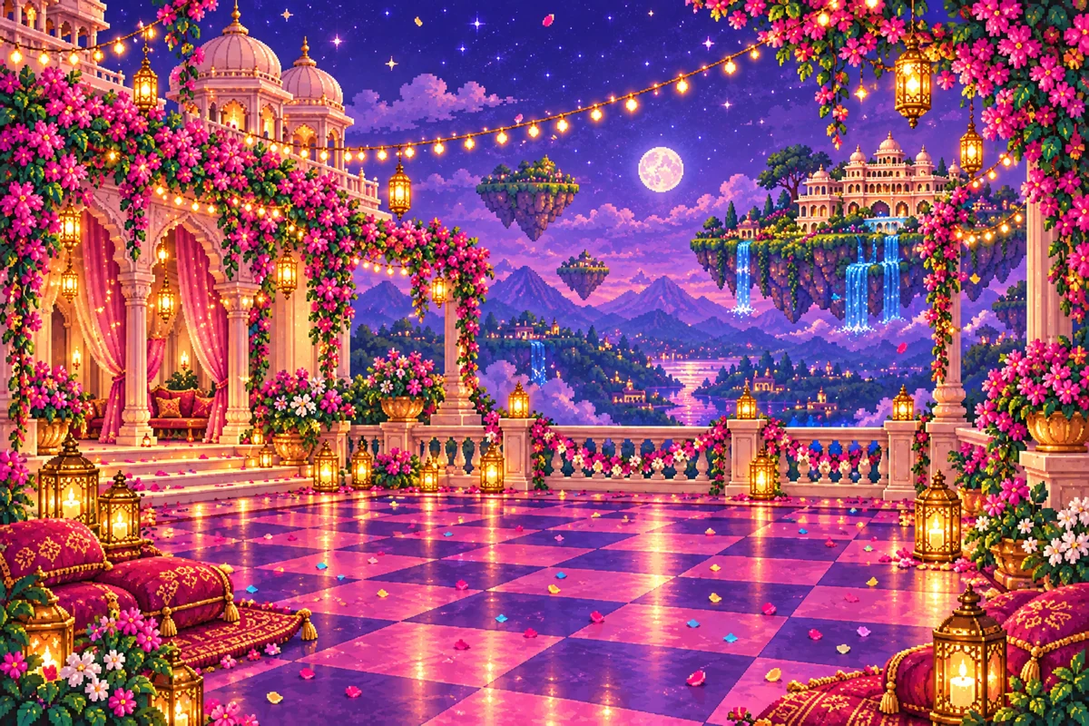 A starlit palace terrace ready for dancing