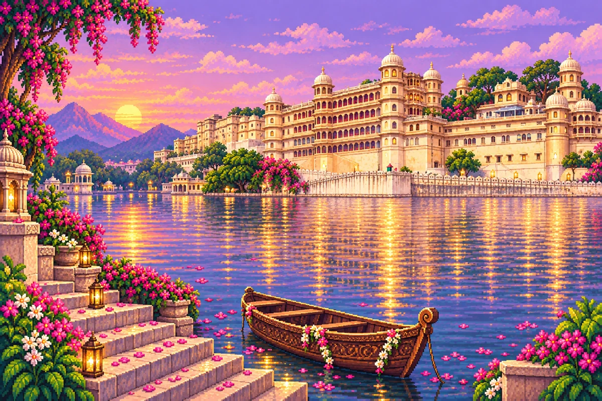 Lake Pichola, illustrated in pixel art
