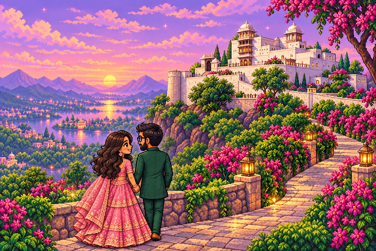 Monsoon Palace, illustrated in pixel art