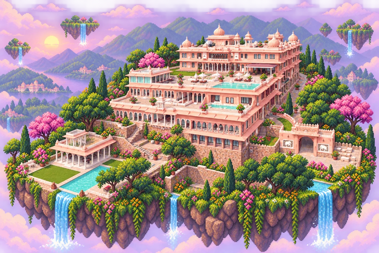 Fateh Garh’s stepped pink terraces, pools, and hills reimagined in pixel art