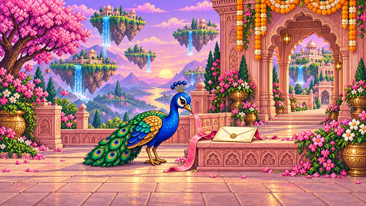 A peacock holds a pink invitation ribbon in a marigold-covered palace courtyard.