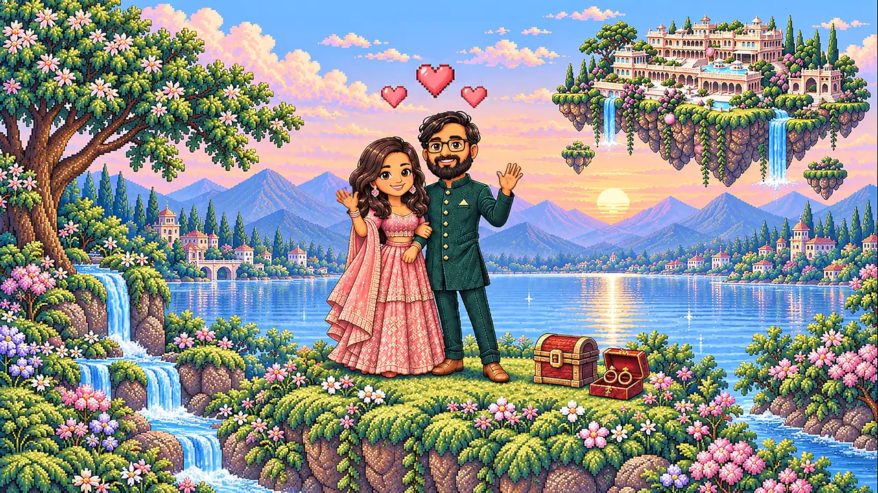 Ashama and Anshul in a magical pixel world with Fateh Garh, floating islands, flowers, and waterfalls